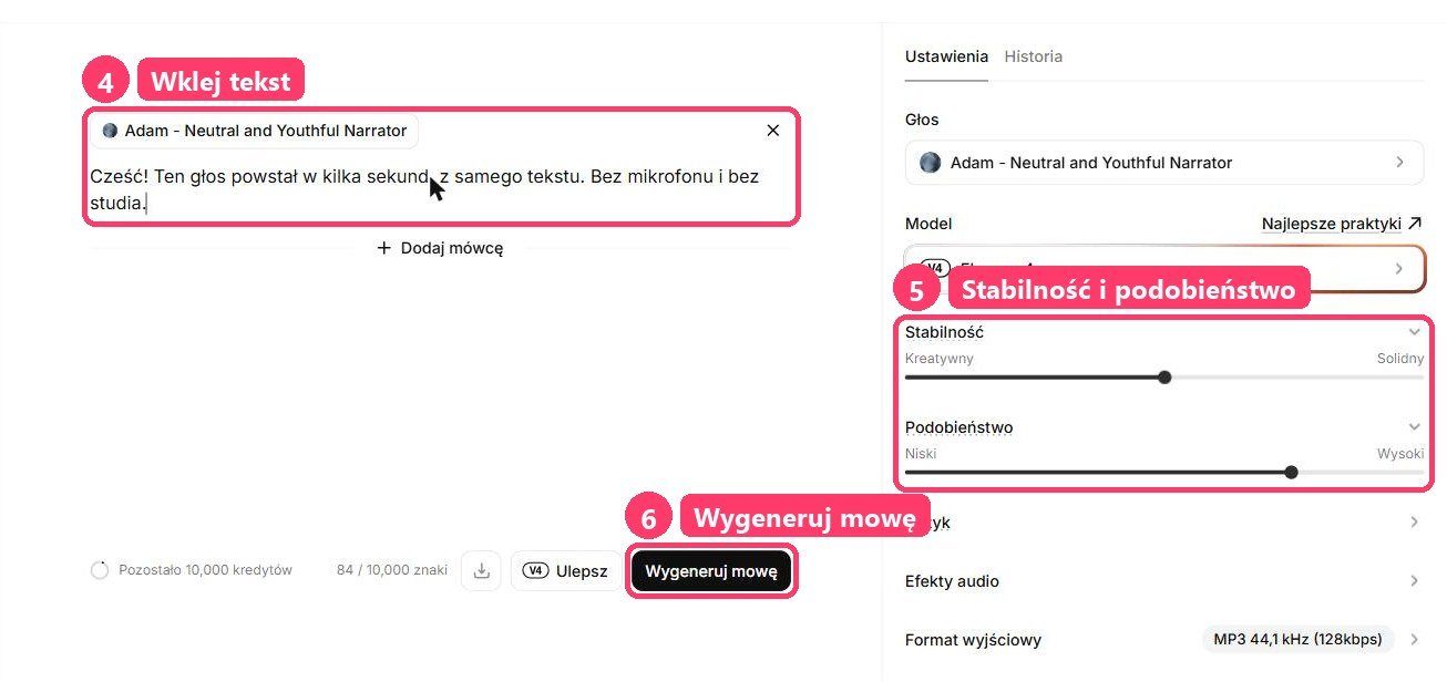 ElevenLabs: tekst i przycisk Wygeneruj mowę