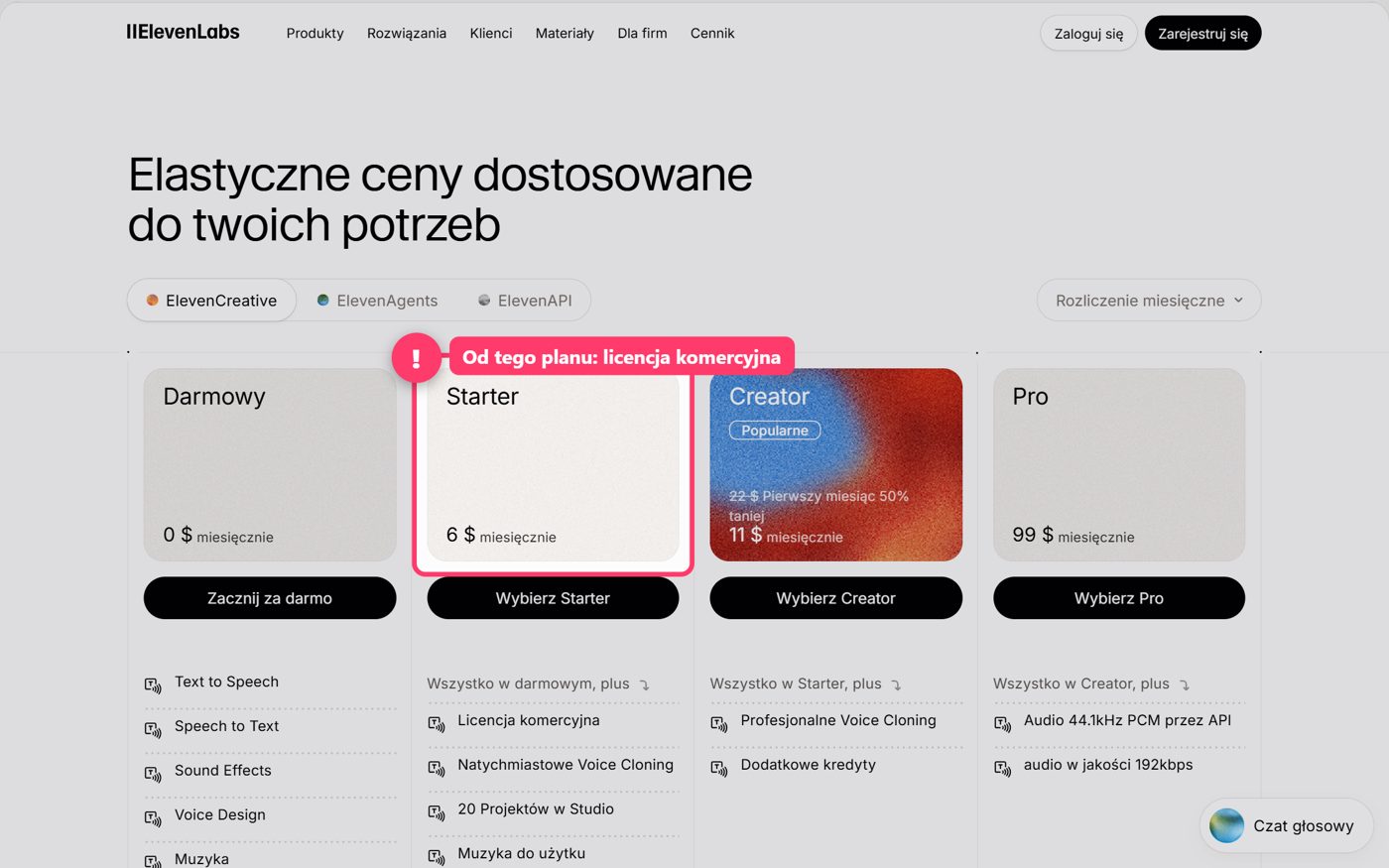 Cennik ElevenLabs z zaznaczonym planem Starter
